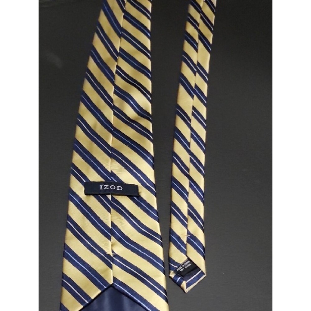 Izod Mens Silk Necktie Yellow Blue Striped Classic Preppy - Picture 2 of 5